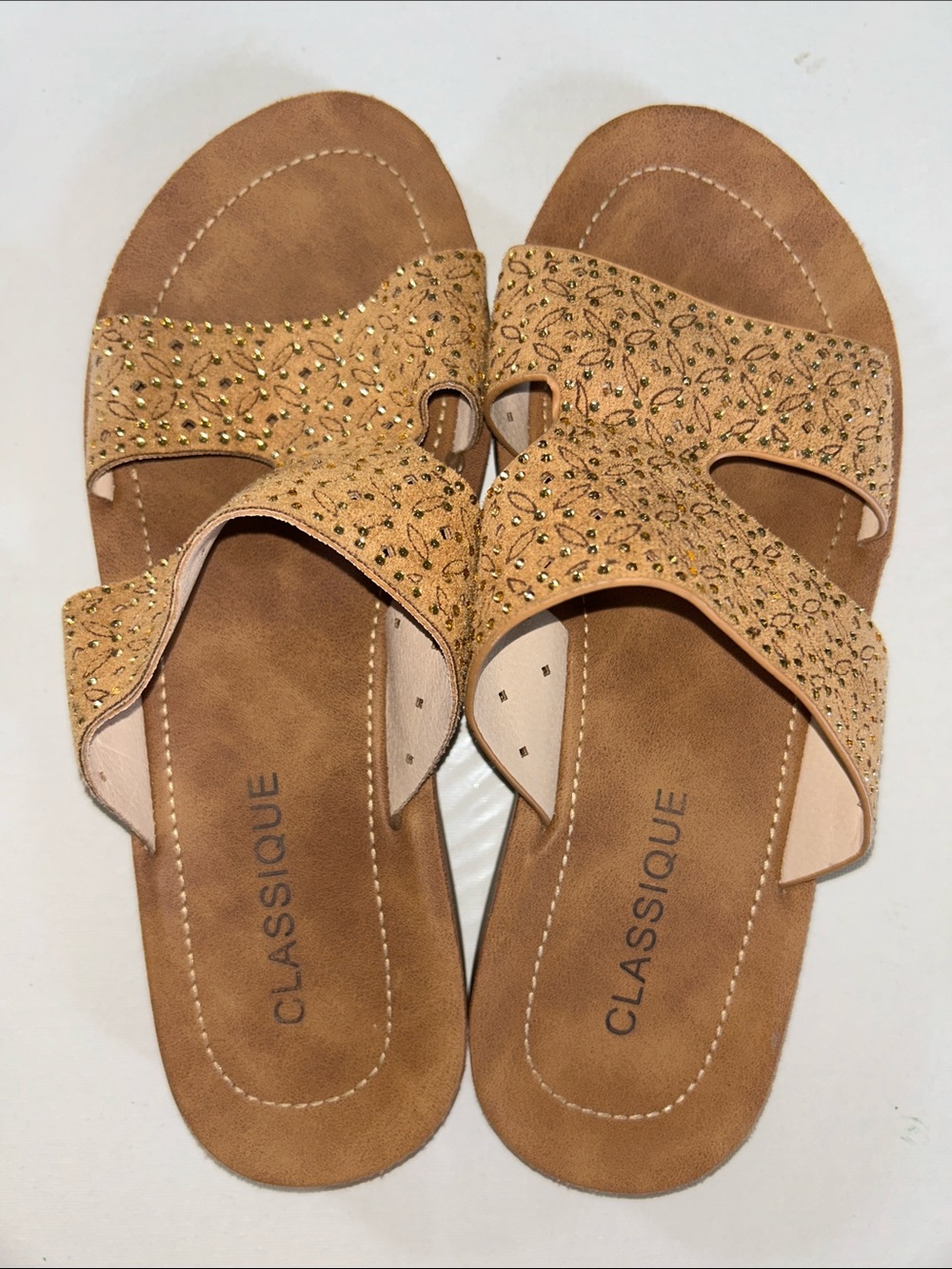NWOB Classique Women's Tan Embellished Slide Sandals